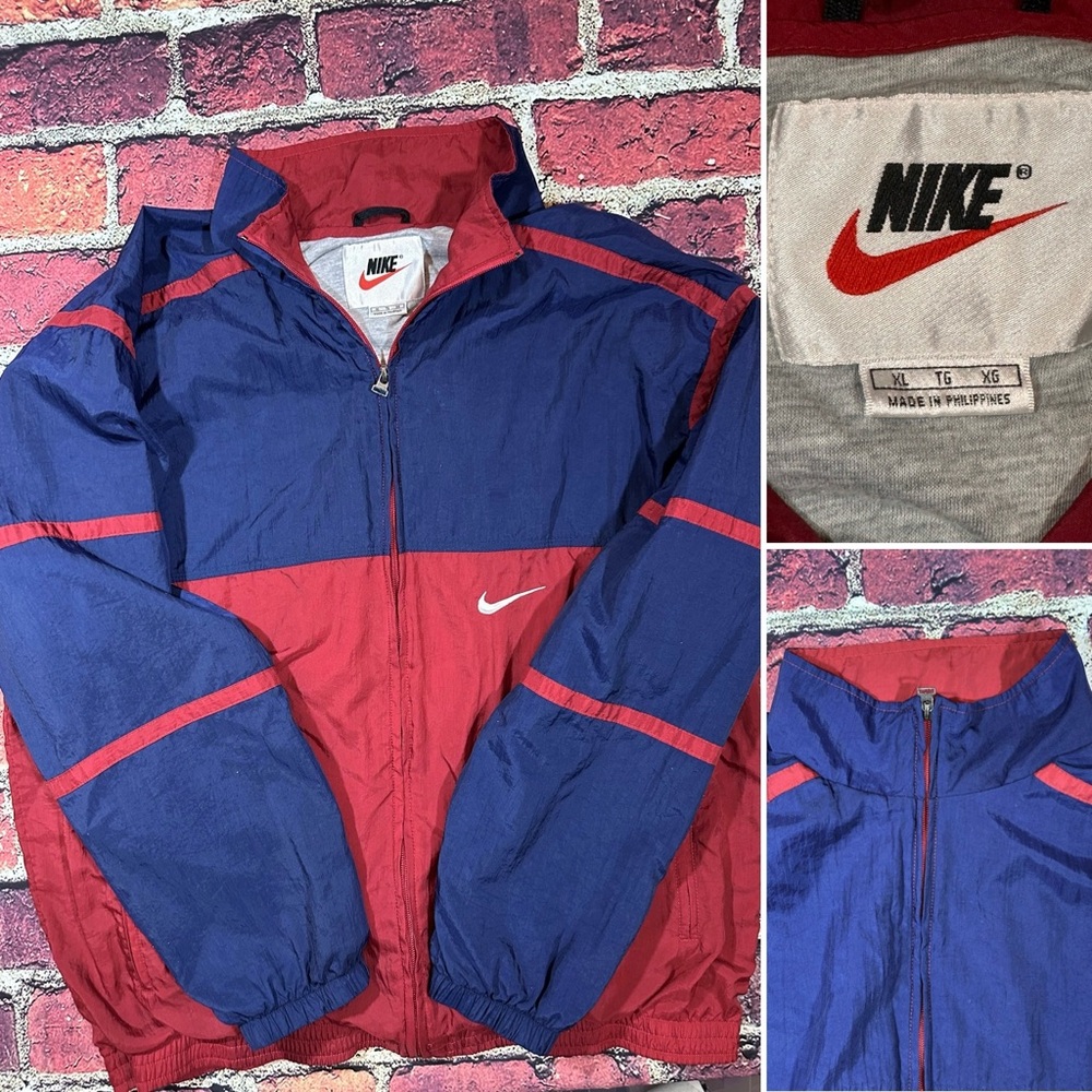 NIKE VINTAGE WINDBREAKER JACKET MENS SIZE XL BLUE BURGUNDY RED ZIP FLEECE LINING